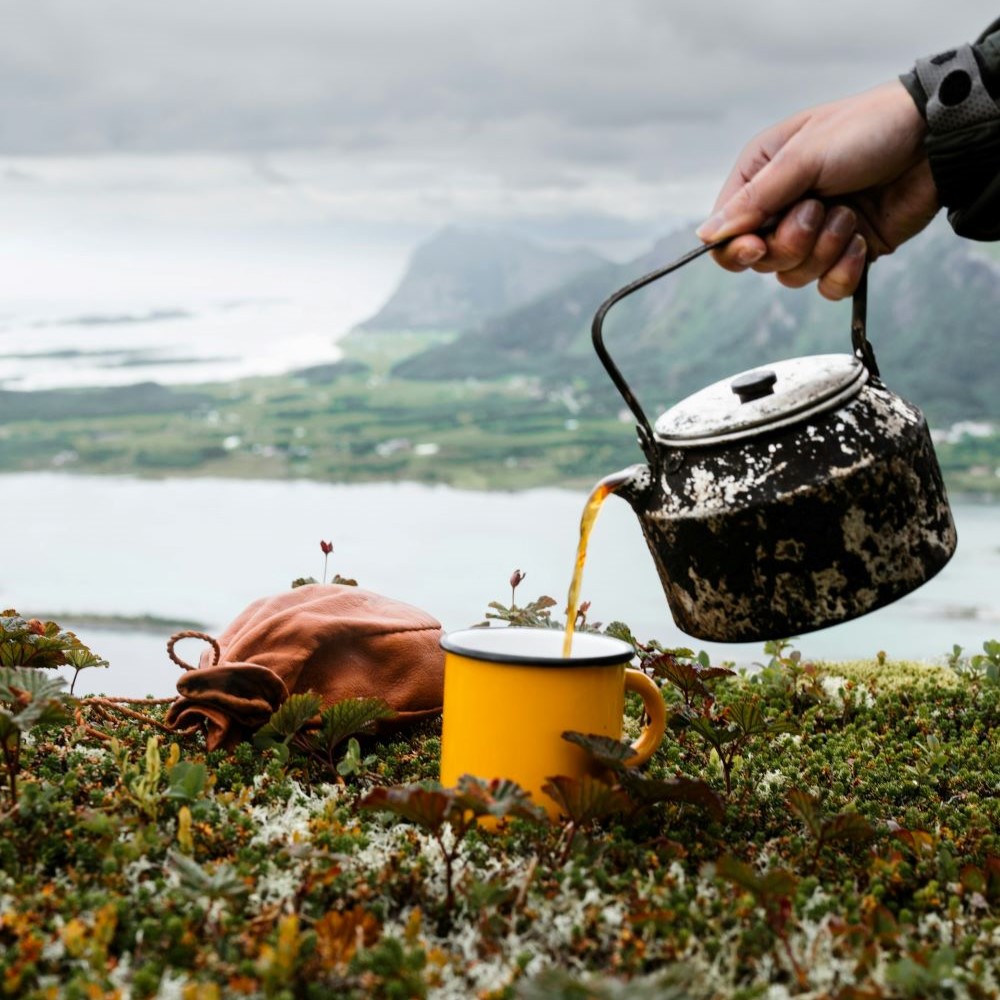 Service du café en extérieur dans la nature près de la forêt et des montagnes.